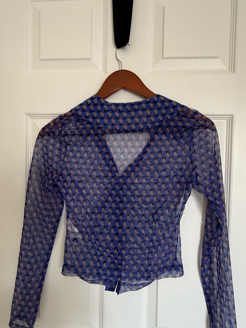 Maeve Navy and Tan Geometric Sheer Button-Front Shirt - Picture 3 of 3